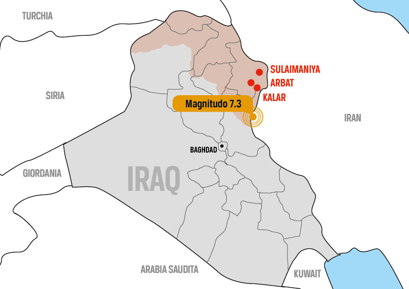 Mappa dell'epicentro del terremoto al confine tra Iraq e Iran